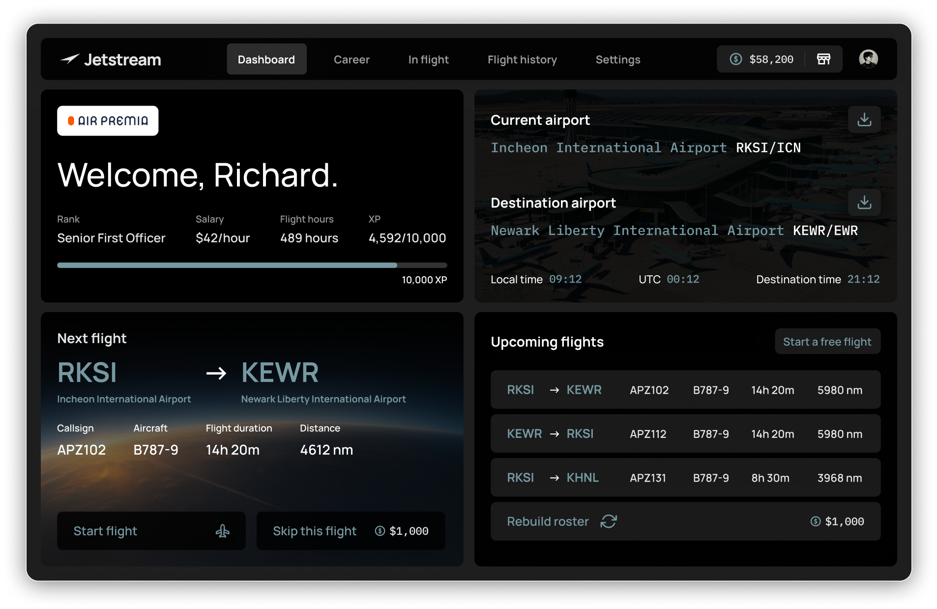 Jetstream Dashboard Interface showing pilot career progression, flight details, and upcoming flights