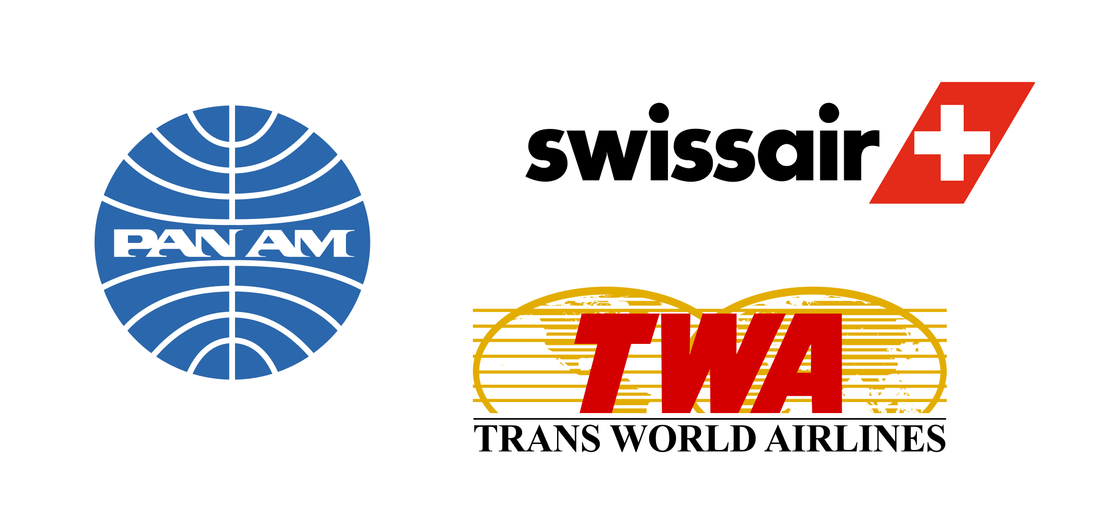 Historic airline logos including Pan Am, Swissair, and TWA Trans World Airlines showcasing legendary aviation brands